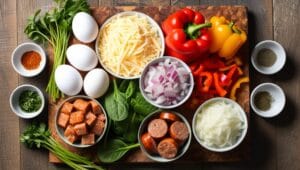 Ingredients for a crockpot breakfast casserole, including eggs, cheese, bell peppers, onions, sausage, and spinach