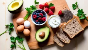 Ingredients for a healthy diabetic-friendly breakfast, including avocado, eggs, and berries.