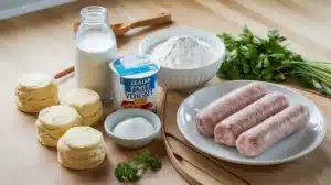 Ingredients for low-calorie biscuits and gravy including almond milk, whole-wheat flour, Greek yogurt, and turkey sausage