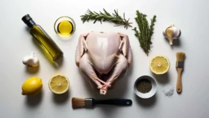  Ingredients for roasting a turkey crown, including raw turkey, olive oil, garlic, and herbs