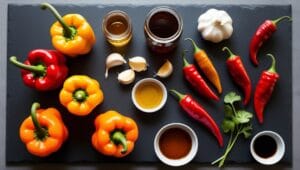 Fresh Carolina Reapers, Ghost Peppers, and other super-hot peppers with garlic, vinegar, and honey on a slate surface