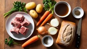 Ingredients for Traditional Irish Stew including lamb, potatoes, carrots, onions, parsley, beef stock, and soda bread on a wooden countertop.