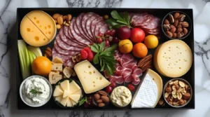 Ingredients for a charcuterie box, including assorted cheeses, meats, fruits, vegetables, nuts, and dips on a marble surface