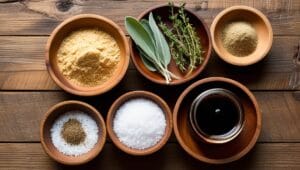 Flat lay of spices and herbs used in breakfast sausage seasoning on a rustic wooden table.