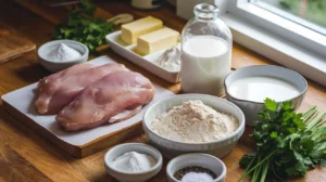 Ingredients for chicken biscuits and gravy including chicken breasts, flour, butter, milk, and fresh parsley