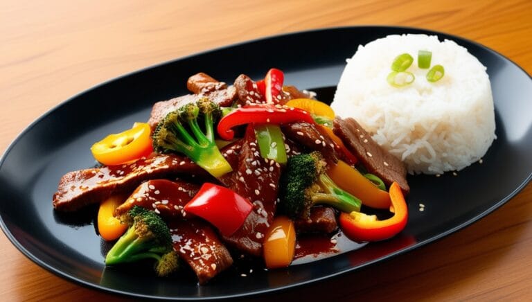 modo Dragon pepper stir-fry with beef, mixed vegetables, sesame seeds, and steamed rice on a black plate