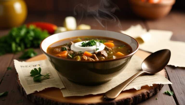 Homemade vegetable beef soup served in a rustic bowl, garnished with fresh parsley.