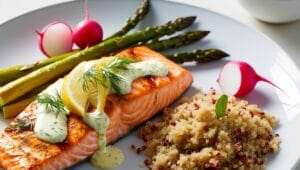 A spring dinner plate with grilled salmon, roasted asparagus, and quinoa salad