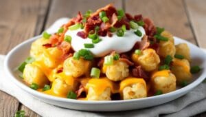 Loaded baked tater tots with cheese, bacon, and green onions