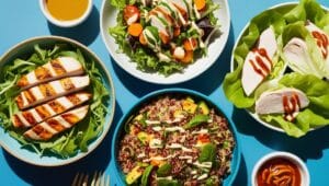 Grilled chicken salad, quinoa bowl, and turkey lettuce wraps on a colorful lunch table