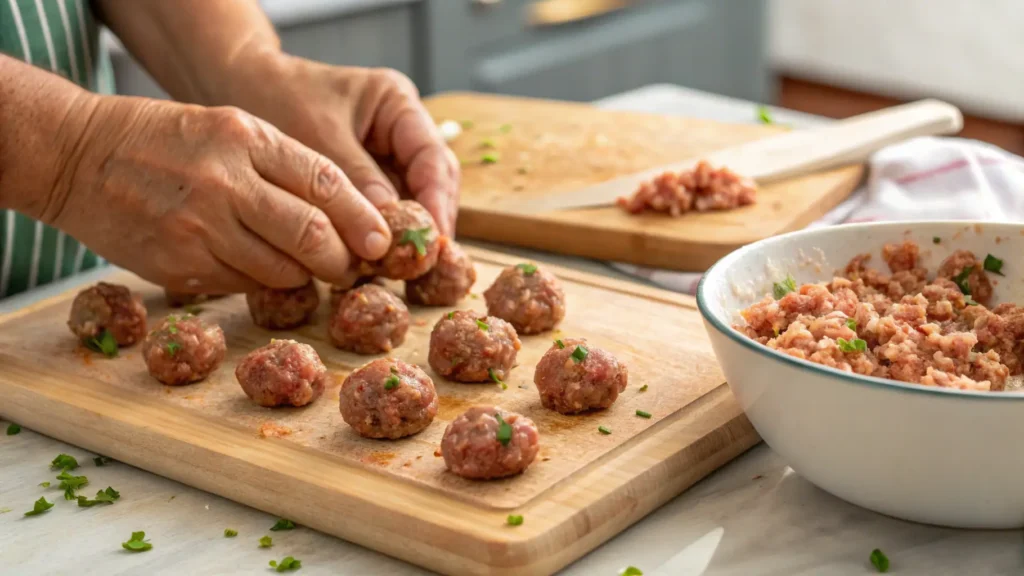 Hands rolling seasoned meatballs made from ground beef, rice, and herbs on a wooden cutting board. A bowl with the remaining mixture is placed nearby, ready for shaping. Side-view shot capturing the preparation process.