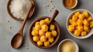 Ingredients for making mango boba pearls, including fresh mangoes, tapioca starch, and sugar