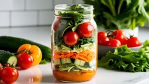 Layered mason jar salad with fresh vegetables on a counter