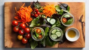 Ingredients for a mason jar salad, including cherry tomatoes and cucumbers