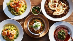 Garlic shrimp zoodles, lentil curry, and steak with chimichurri sauce on a rustic dinner table