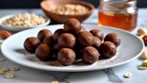 Nutty chocolate energy bites on a plate with raw ingredients in the background.