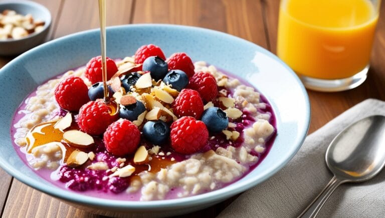 Oatmeal topped with fresh berries, almonds, and a drizzle of honey