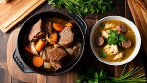 A pot roast and chicken gumbo served in rustic winter style