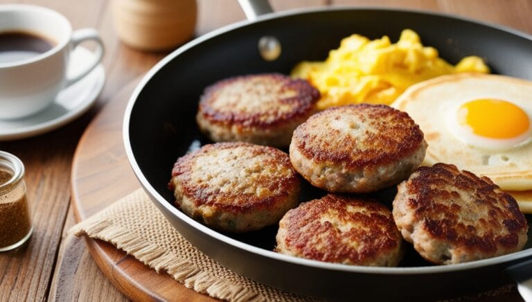 Freshly pan-fried breakfast sausage patties with scrambled eggs and pancakes on a rustic table.