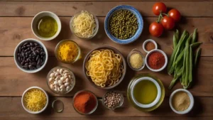 Essential pantry ingredients for Tastefully Simple recipes, including pasta, spices, and fresh vegetables