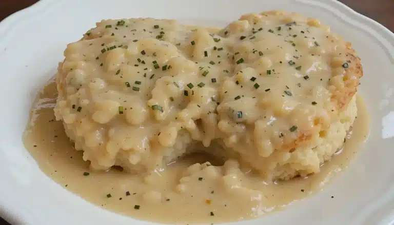 A plate of golden, fluffy biscuits smothered in rich, creamy sausage gravy, garnished with a sprinkle of black pepper and served on a rustic wooden table.