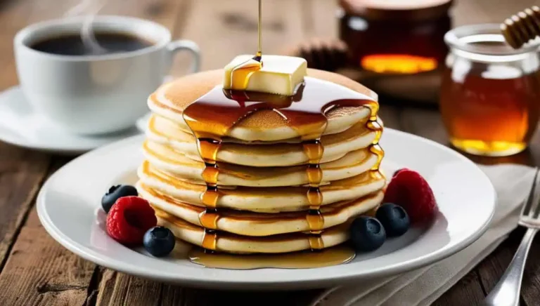 A stack of golden fluffy pancakes with butter, syrup, and fresh berries on a white plate