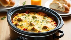 Crockpot breakfast casserole in the cooking process, showing colorful layers of eggs, cheese, vegetables, and sausage