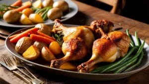 Roasted chicken legs with potatoes and vegetables on a rustic table.