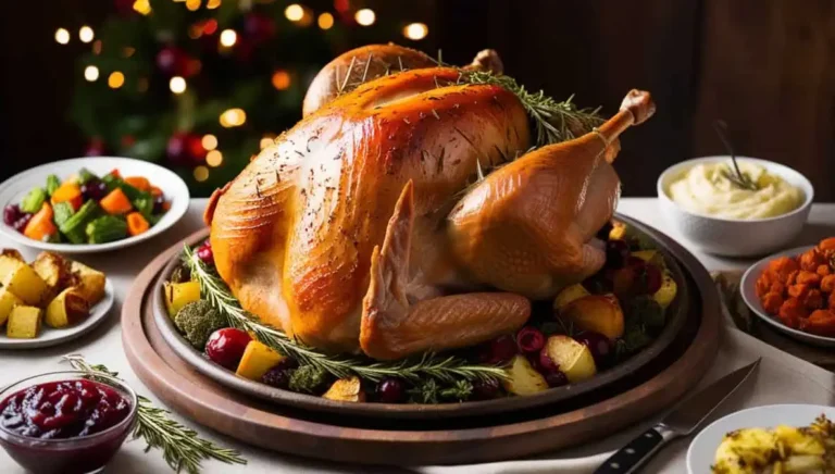 A golden-brown roasted turkey crown on a platter with festive holiday side dishes