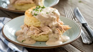 A plated dish of chicken biscuits and gravy with parsley garnish