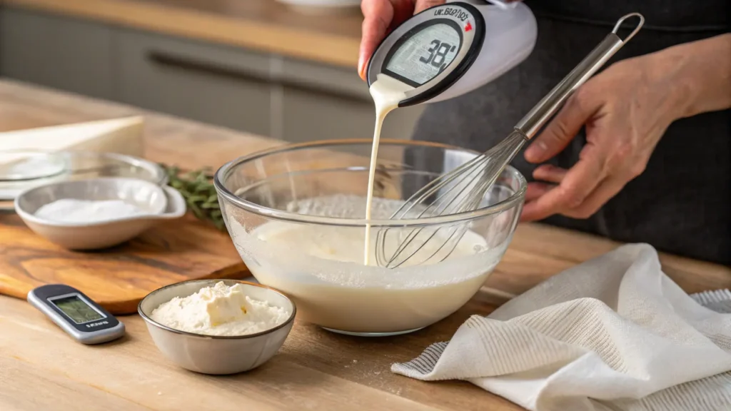 Hands whisking warm milk in a glass bowl while adding a yogurt starter culture. A thermometer rests nearby on a wooden countertop, ensuring precise temperature control for perfect Greek yogurt fermentation. Side-view shot capturing the preparation process