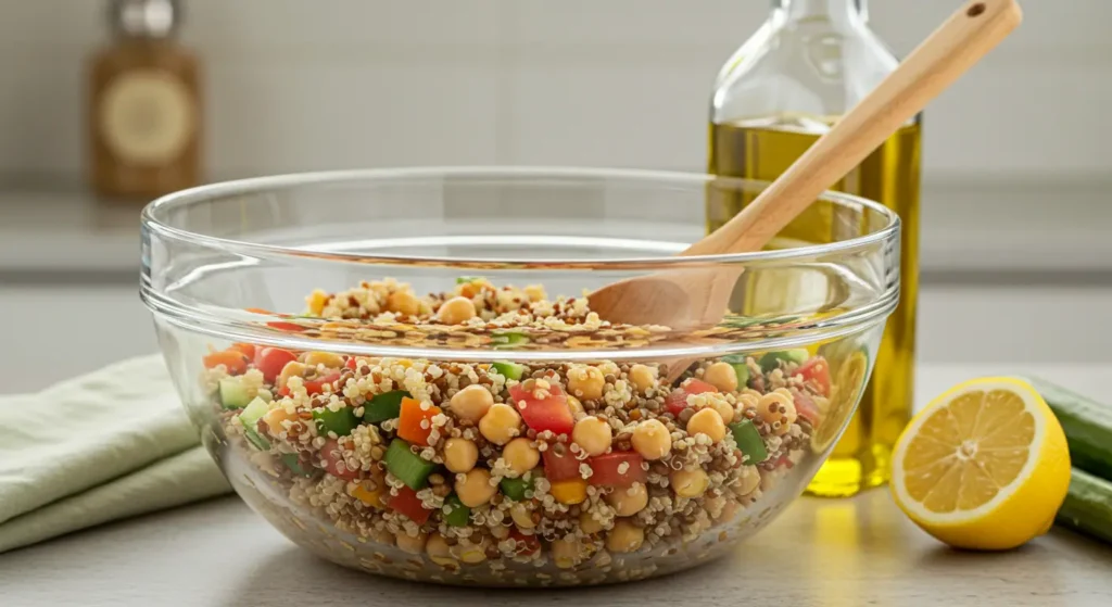 A large glass mixing bowl filled with cooked quinoa, chickpeas, lentils, and freshly chopped vegetables being stirred with a wooden spoon. A bottle of olive oil and a lemon wedge are nearby. Side-angle shot with a bright kitchen background