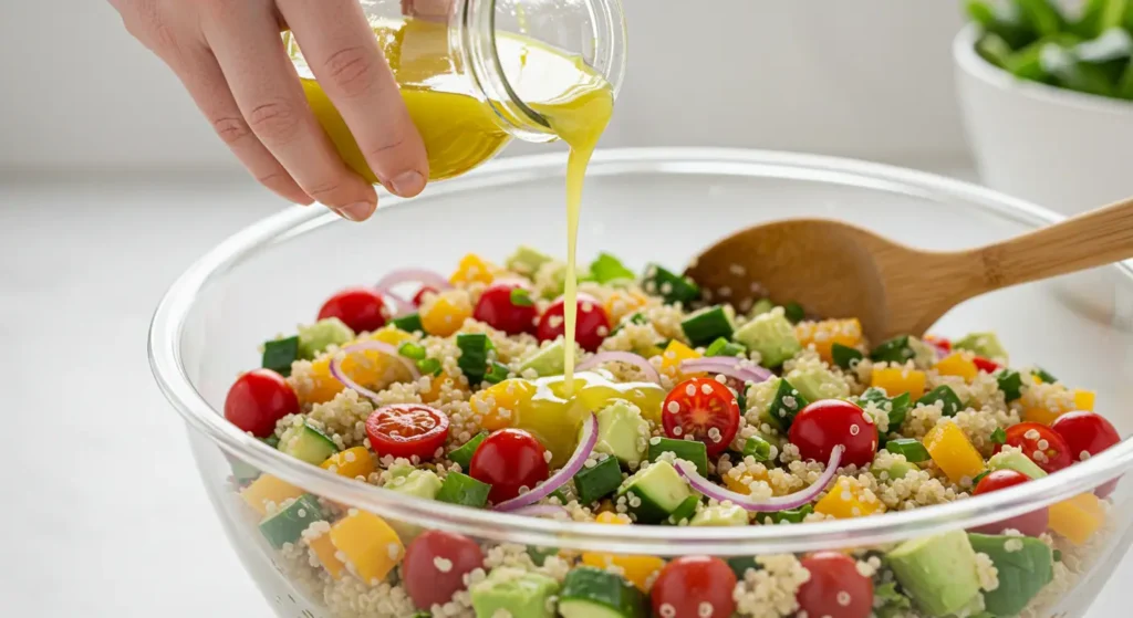 Close-up side view of a hand pouring lemon-olive oil dressing over a freshly mixed Costco Quinoa Salad, with vibrant vegetables and quinoa visible. Light and airy kitchen setting in the background