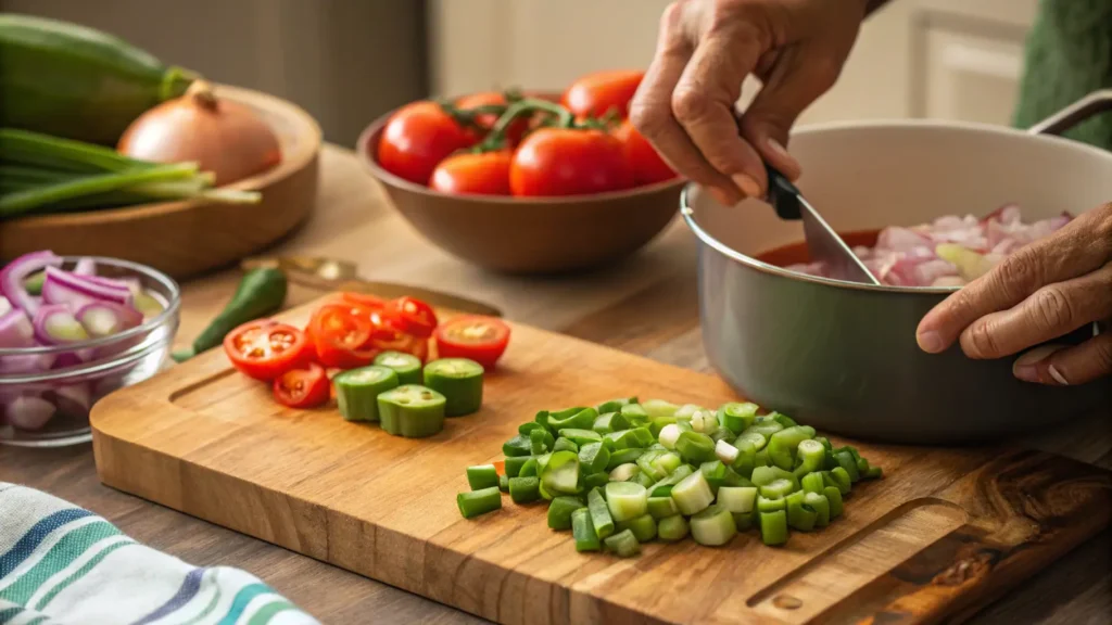 Chopping fresh vegetables for Swamp Soup on a wooden cutting board