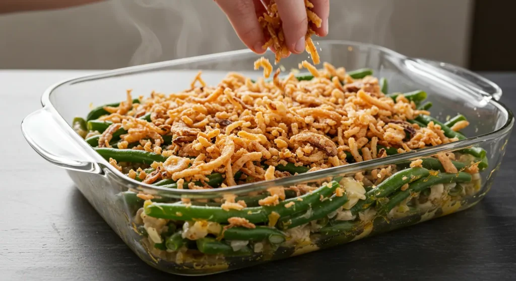 Side-view of a hand sprinkling crispy fried onions over a bubbling green bean casserole in a white baking dish before the final bake