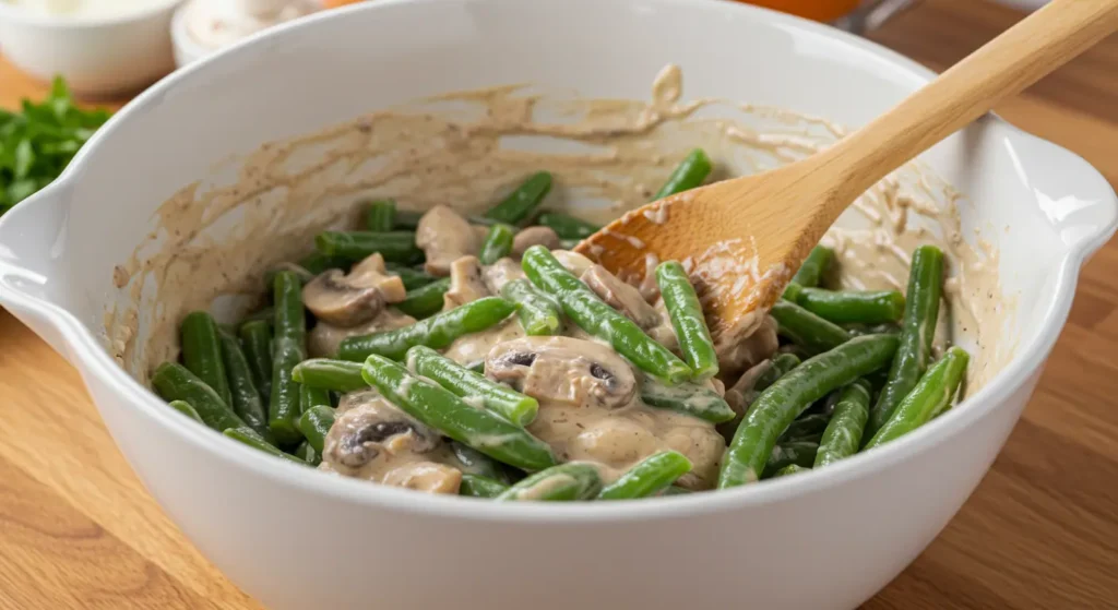 Close-up side-view of a wooden spoon stirring fresh green beans with creamy mushroom sauce inside a white mixing bowl on a wooden kitchen counter.