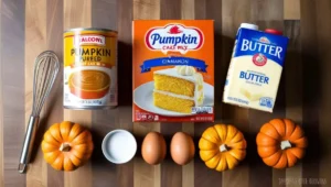 Ingredients for pumpkin dump cake, including pumpkin puree, cake mix, and spices.