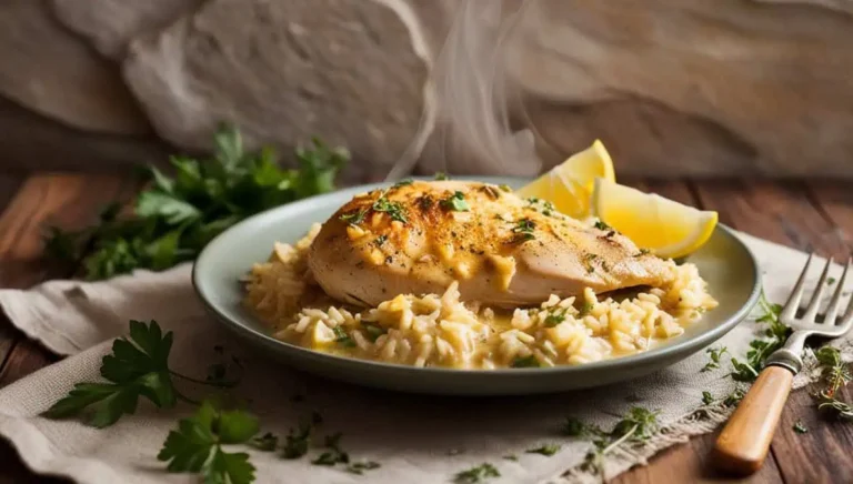 Creamy chicken served over a bed of rice, garnished with fresh herbs and accompanied by lemon wedges