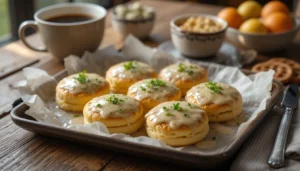 Sausage Gravy and Biscuits served on a rustic table with coffee and fruit