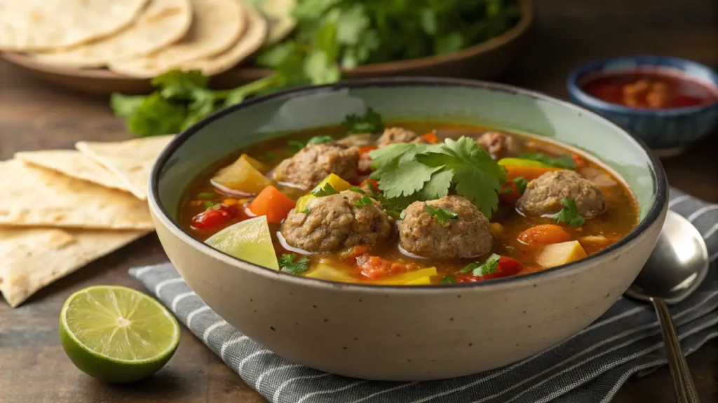  beautifully plated bowl of Traditional Albondigas soup, featuring tender meatballs, vegetables, and a flavorful tomato broth. Garnished with fresh cilantro and served with a side of corn tortillas and a lime wedge. Side-view shot with warm, inviting lighting.