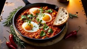 Shakshuka with poached eggs in tomato sauce, garnished with cilantro