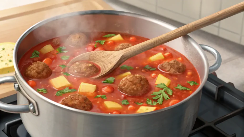 A pot of Albondigas soup simmering on the stovetop, with meatballs, potatoes, carrots, and fresh herbs floating in a tomato-based broth. Steam rises from the pot as a wooden spoon stirs the mixture. Side-view shot highlighting the cooking process.

