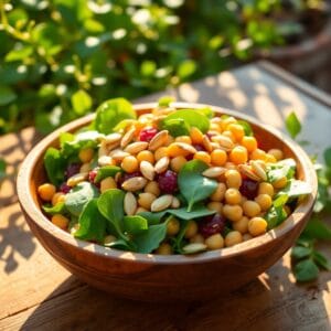 Fresh spinach and chickpea salad garnished with roasted pumpkin seeds and lemon vinaigrette