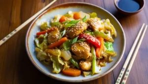 Stir-fried chicken and cabbage with carrots and bell peppers, garnished with sesame seeds and scallions