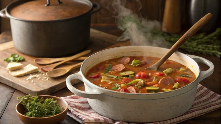 Rustic pot of Swamp Soup simmering on the stove with okra, tomatoes, and sausage