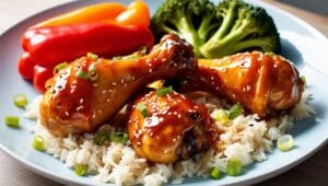 Honey-glazed chicken legs with rice and vegetables