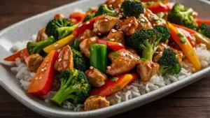 Colorful chicken and vegetable stir-fry with sesame seeds and green onions