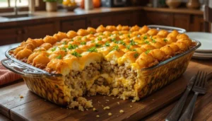 Golden brown tater tot breakfast casserole with sausage, eggs, and melted cheese, garnished with parsley, served in a rustic dish on a wooden table