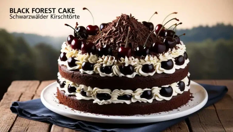 A traditional Black Forest Cake with layers of chocolate sponge, whipped cream, dark cherries, and a topping of chocolate shavings and fresh cherries