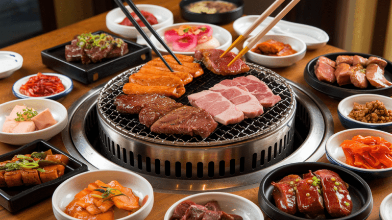 A Korean BBQ table with marinated meats sizzling on a grill, surrounded by vibrant side dishes like kimchi, pickled radish, and soybean sprouts.